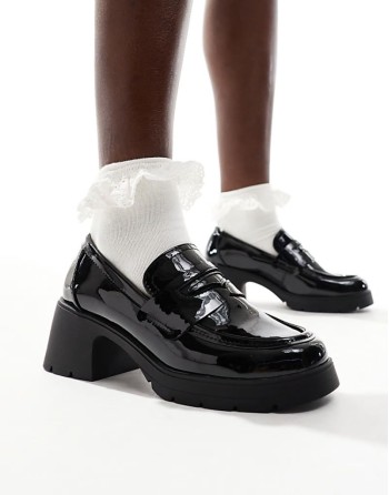 Scribble chunky mid heeled loafers in black patent