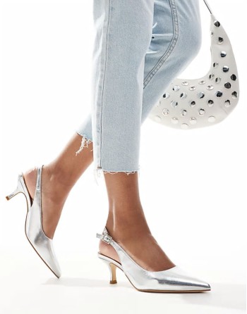pointed sling back kitten heeled shoes in silver