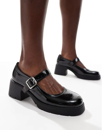 Wide Fit Saxton chunky mary jane heeled shoes in black patent