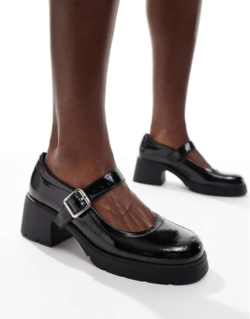 Wide Fit Saxton chunky mary jane heeled shoes in black patent