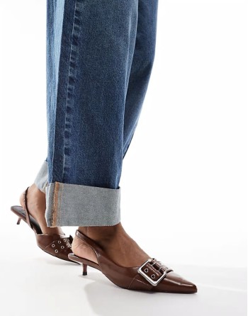 Sleek buckle detail slingback kitten heeled shoes in tan