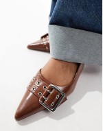 Sleek buckle detail slingback kitten heeled shoes in tan
