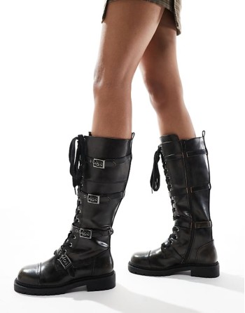 Canada flat chunky buckle knee boots in black