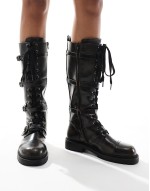 Canada flat chunky buckle knee boots in black