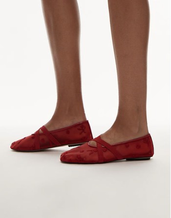mesh floral detail ballet pump in red