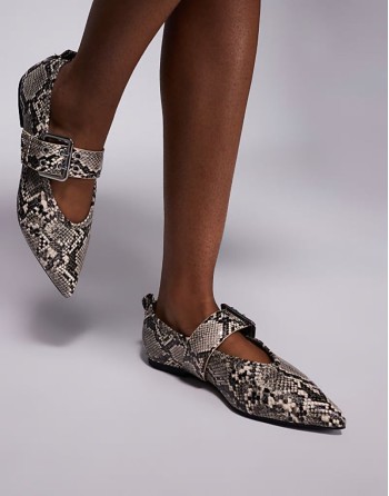 pointed buckle detail ballet shoe in snake print
