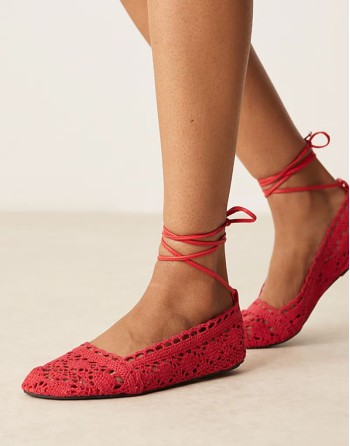 Larissa ankle-tie ballets in red crochet