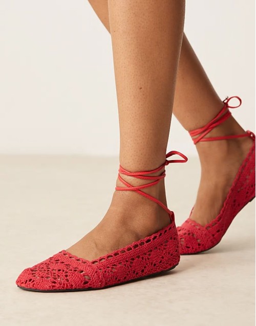 Larissa ankle-tie ballets in red crochet