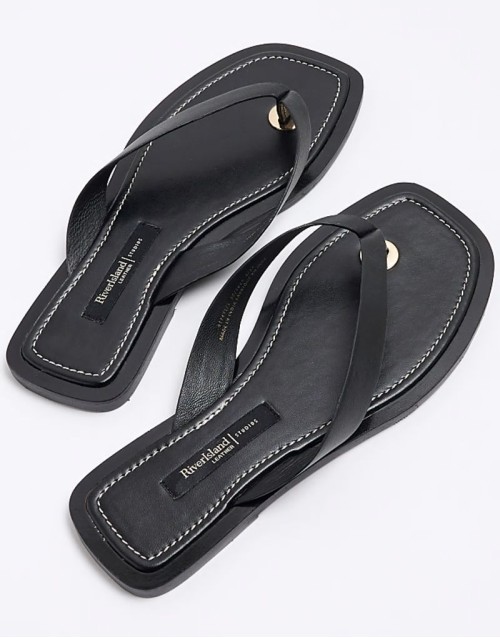 leather toe thong flat sandal in black