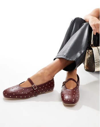 Dorina studded ballet flats with strap in burgundy