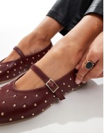 Dorina studded ballet flats with strap in burgundy