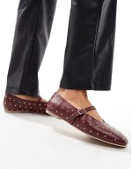 Dorina studded ballet flats with strap in burgundy