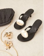 Heated trim detail toe thong mid sandals in black